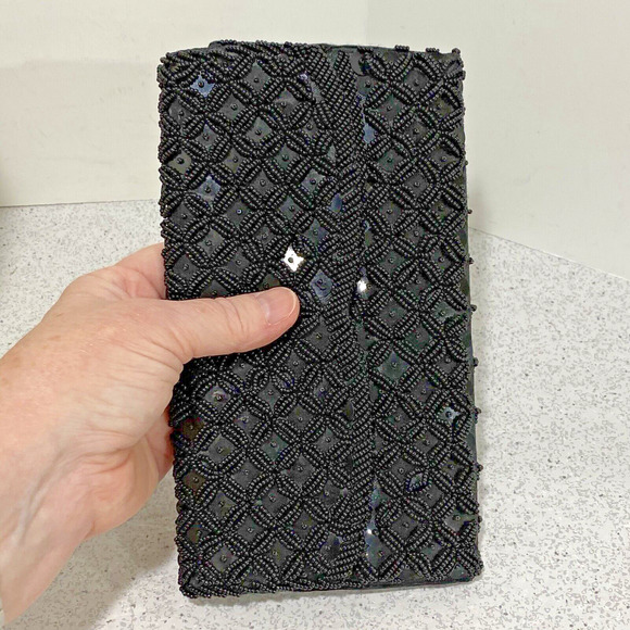 Vintage Mid Century Black Satin Sequins & Beaded Dressy Purse Made in Hong Kong - Picture 8 of 8